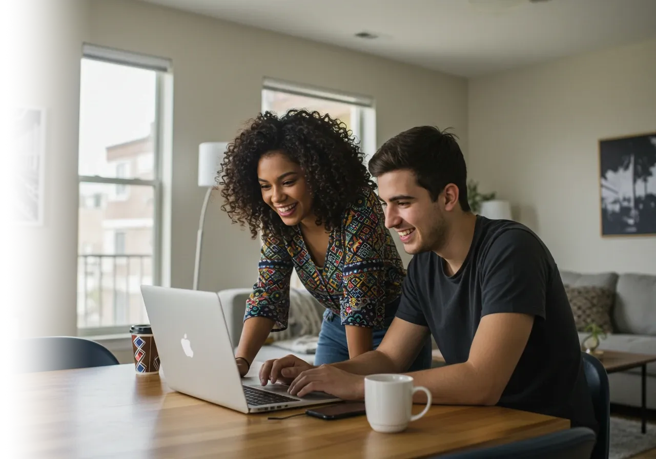 Two friends looking at fun stuff together on their awesome internet.